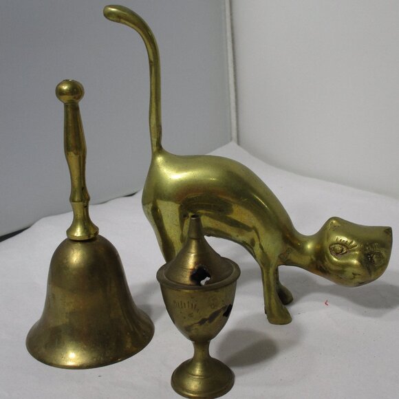 3 Piece Brass Items Bundle Lot Cat Figurine  Bell  Incense Burner - Picture 2 of 6